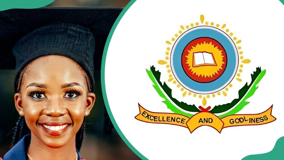 Student smiling in a graduation cap (L) and Bowen University logo (R)