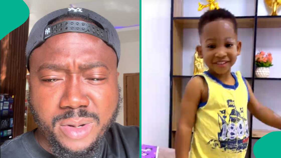 Little boy reacts after seeing his mother framed photo.