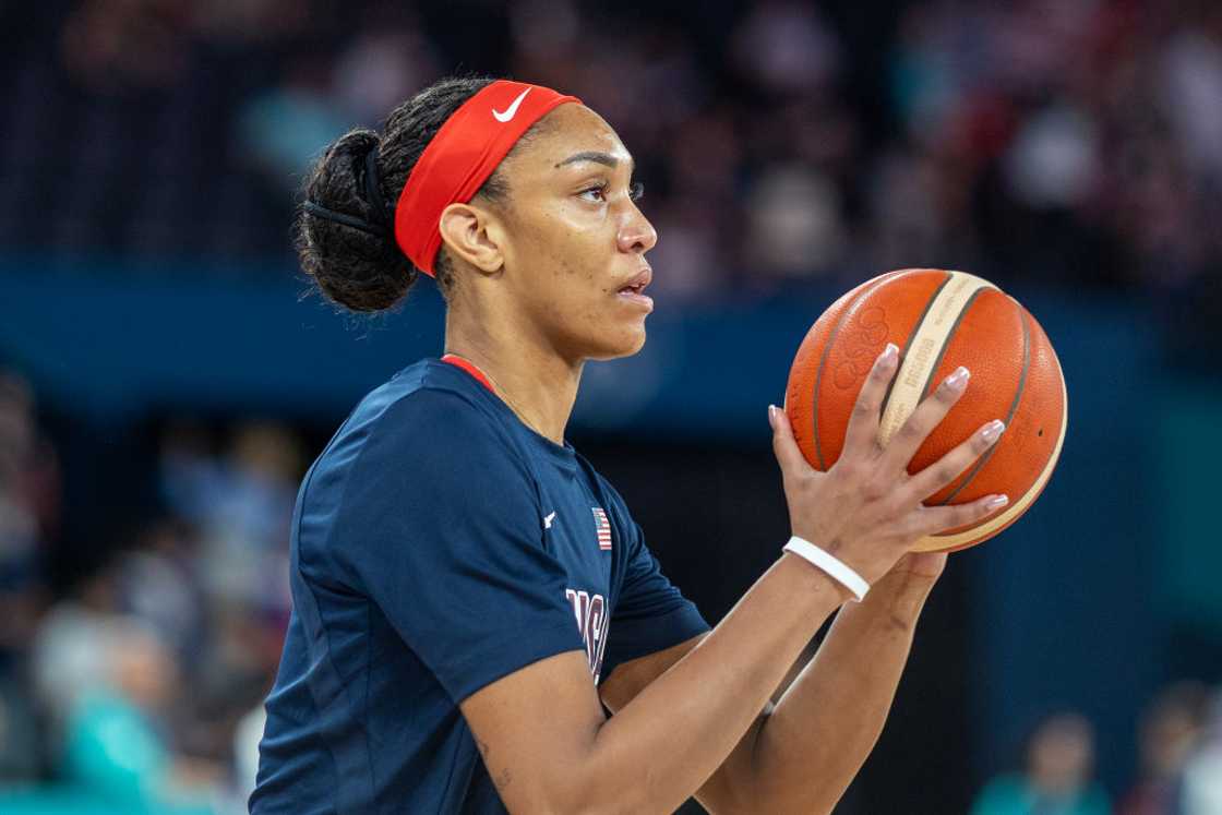 A'Ja Wilson at the Bercy Arena during the Paris 2024 Summer Olympic Games in Paris, France A'Ja Wilson at the Bercy Arena during the Paris 2024 Summer Olympic Games in Paris, France
