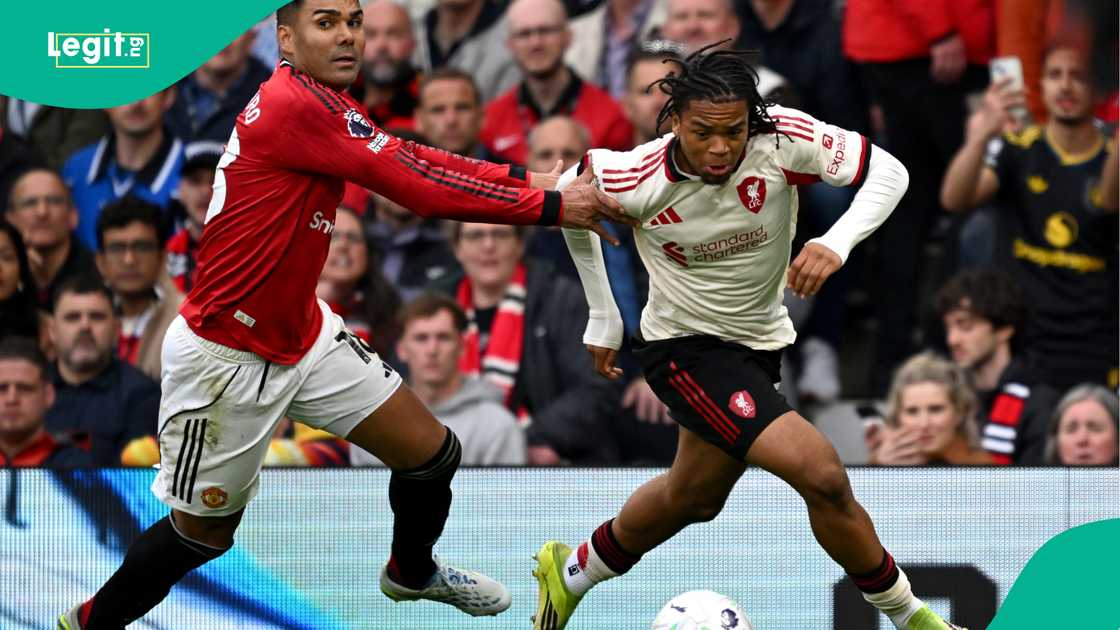 Rio Ngumoha dribbling past Casemiro during their Premier League match at Old Trafford. Photo: Liverpool