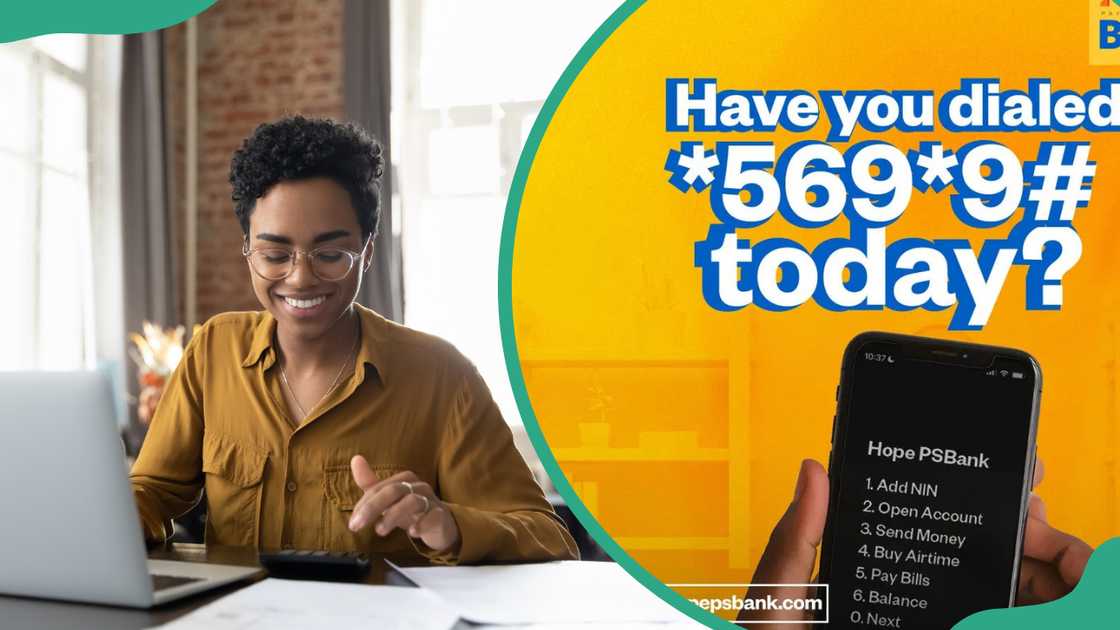 A young woman on a calculator at a laptop (L) and Hope bank USSD code (R)