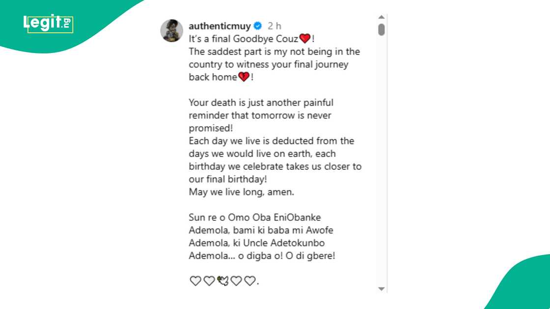 Muyiwa Ademola reflects about life in teary farewell to his cousin Allwell Ademola.