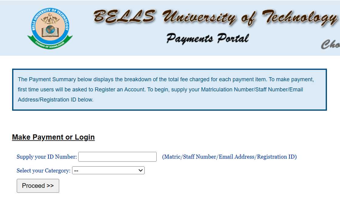A screenshot of Bells University payment portal page. A screenshot of Bells University payment portal page.