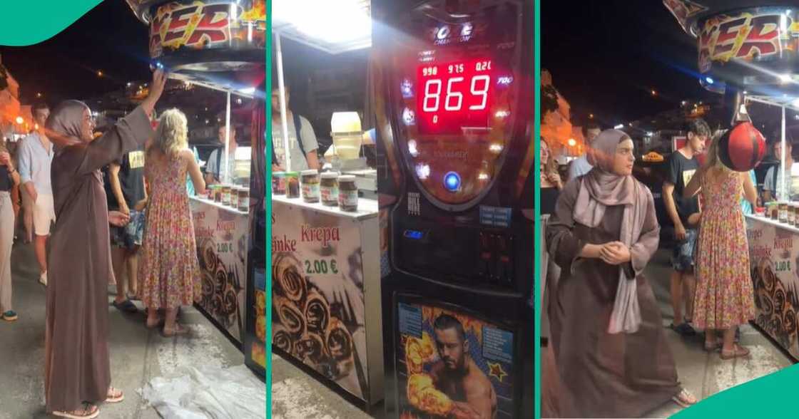 Watch: Lady in hijab scores impressive 869 on public punching machine