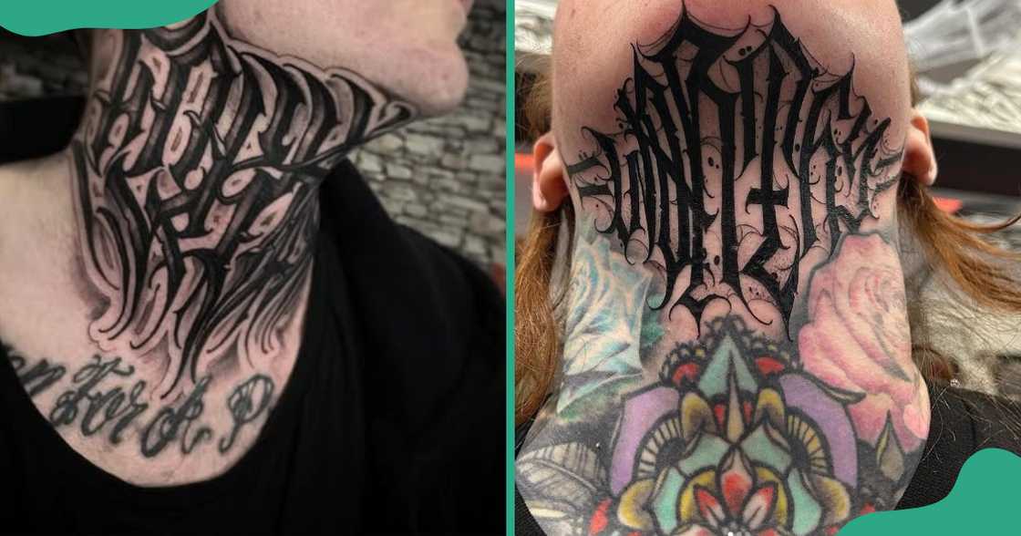 Script style throat tattoos with the Chicano font