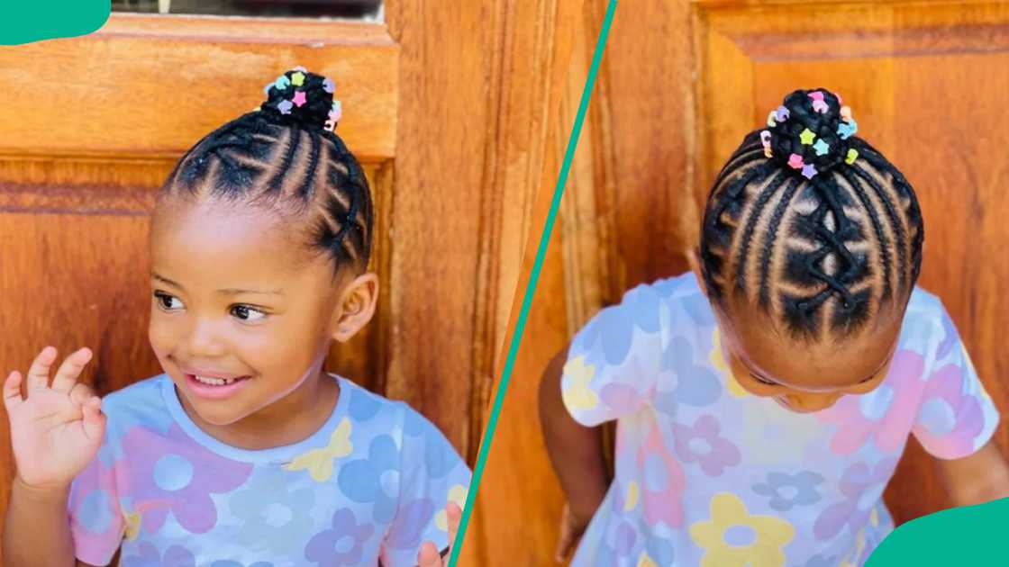A girl wearing Updo cornrows with colored beads A girl wearing Updo cornrows with colored beads