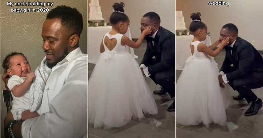 Little girl wipes uncle's tears at wedding