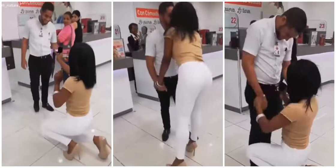 Moment lady stormed boyfriend's workplace to propose to him, his female colleagues were stunned in the video