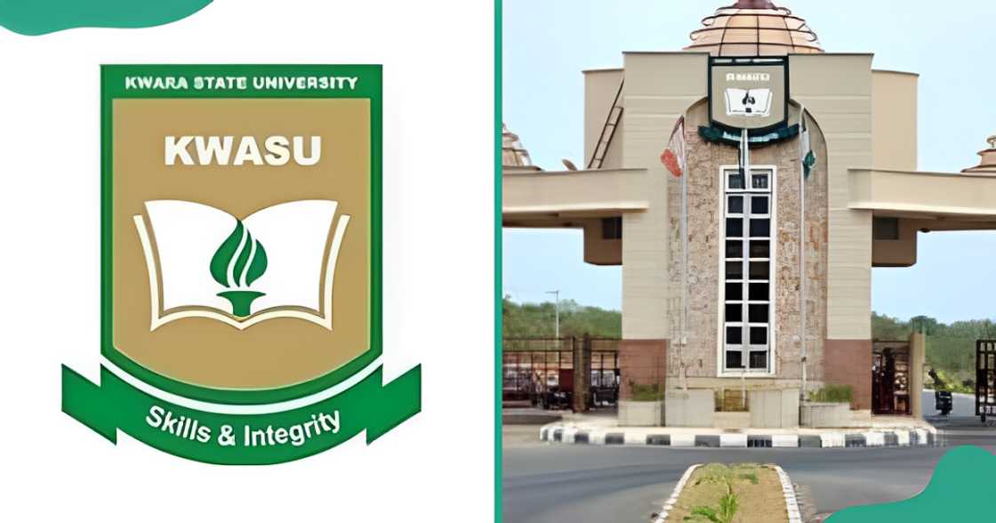 The Kwara State University logo (L). A photo of the Kwara State University entrance (R).