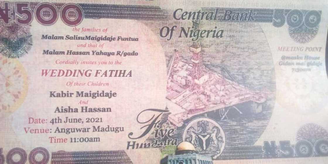 It's IV and transport fare: Massive reactions as wedding invitation designed like N500 note goes viral It's IV and transport fare: Massive reactions as wedding invitation designed like N500 note goes viral