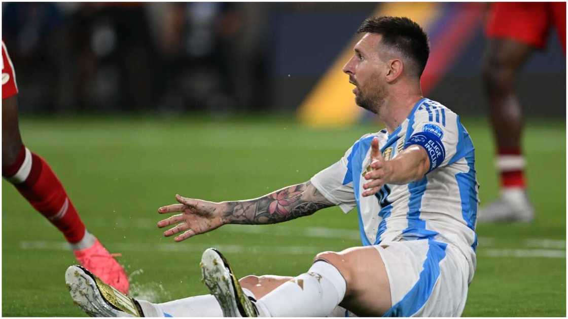 Lionel Messi complains after he was fouled during a Copa America match. Lionel Messi complains after he was fouled during a Copa America match.
