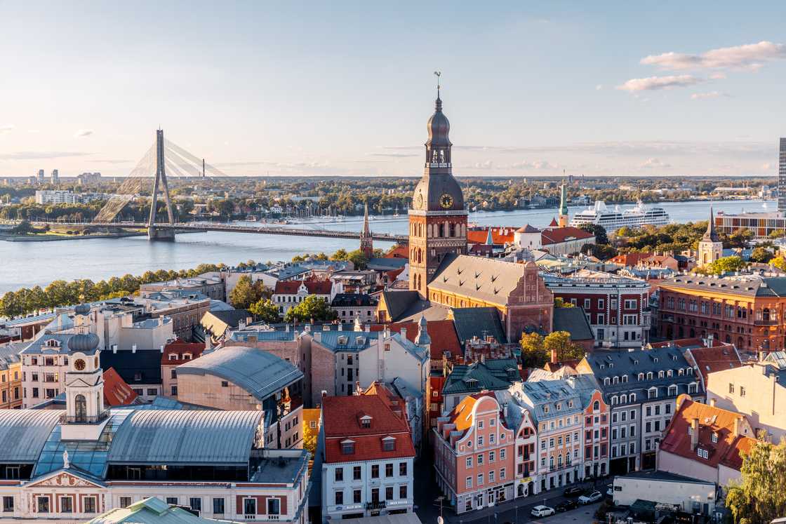 Riga old town cityscape on a sunny day, aerial view, Latvia