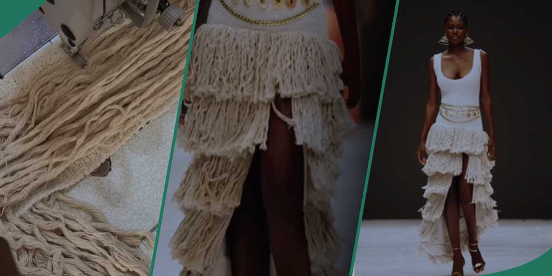 A lady wears a dress made with stove wool A lady wears a dress made with stove wool