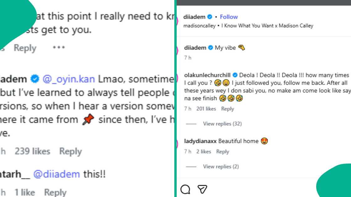 Diiadem reacts to rumour of dating Olakunle Churchill, fans reac