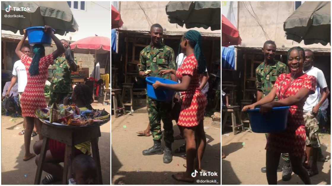Soldier in the market/playing pranks on strangers. Soldier in the market/playing pranks on strangers.