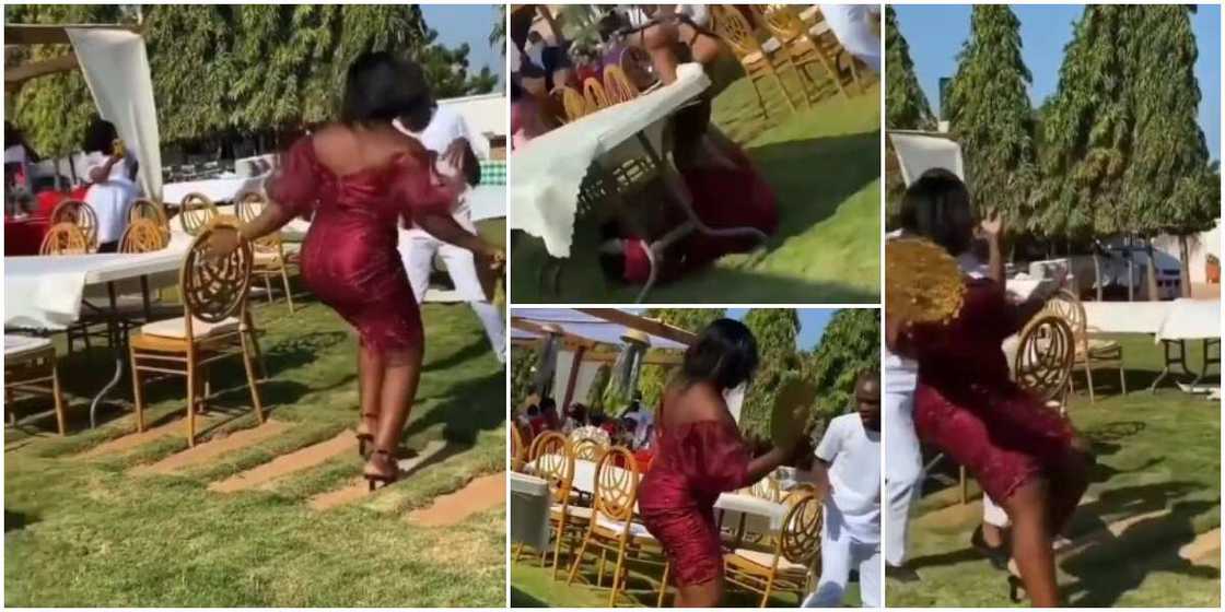 Reactions as lady on heels crashes to ground while dancing, fires dance as she gets back up Reactions as lady on heels crashes to ground while dancing, fires dance as she gets back up