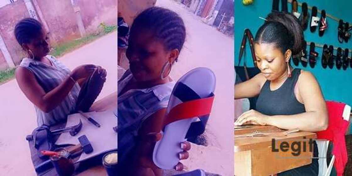 Osinachi Nwogu dropped out from the Abia State Polytechnic, Aba to due to hardship, but she has learned shoemaking and is doing well in Port Harcourt