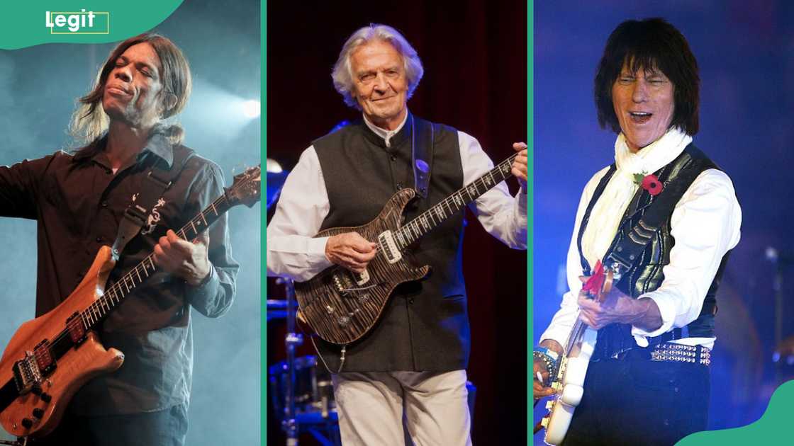 Jazz guitarists Stanley Jordan (L), John McLaughlin (C) and Jeff Beck (R)