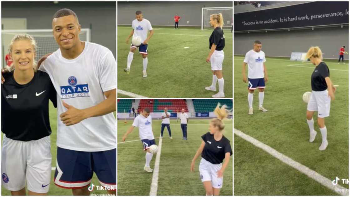 PSG star Mbappe/lady plays football.