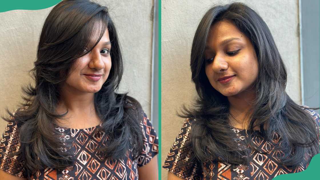 A woman shows off her side bangs hairstyle A woman shows off her side bangs hairstyle