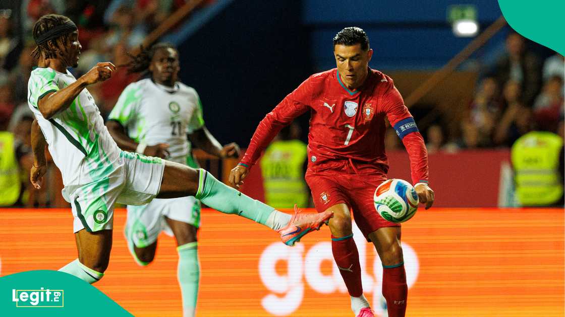 Cristiano Ronaldo in action against Bruno Onyemaechi during the International Friendly match between Portugal and Nigeria. Photo by Luis Loureiro