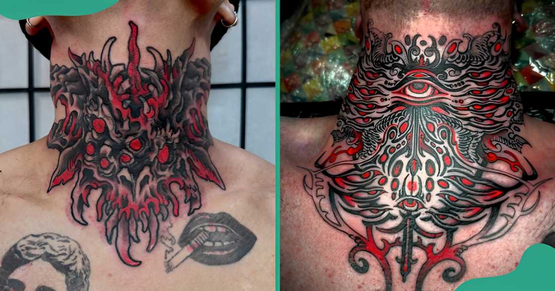 Red and black throat tattoos with seraphim designs Red and black throat tattoos with seraphim designs