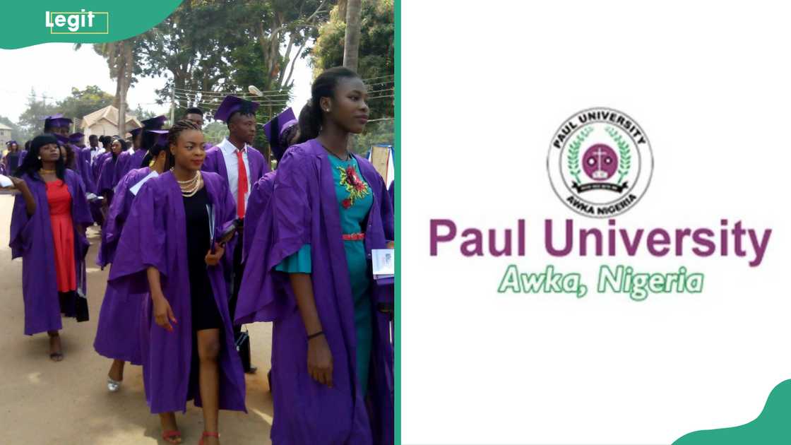 Paul University Awka graduates (L). Paul University Awka logo (R) Paul University Awka graduates (L). Paul University Awka logo (R)
