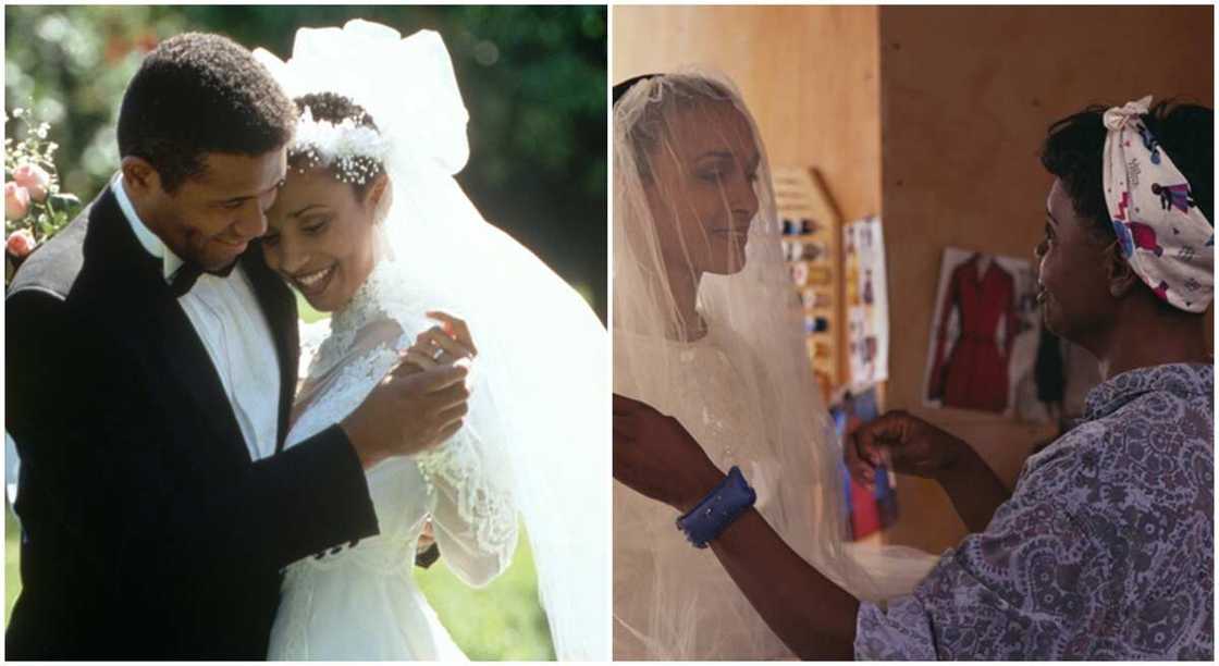 Photos of black couple in their wedding dress. Photos of black couple in their wedding dress.