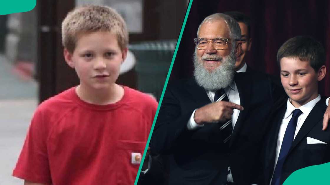 Harry Joseph Letterman walking in an orange tee, and he and his father, David Letterman, smiling