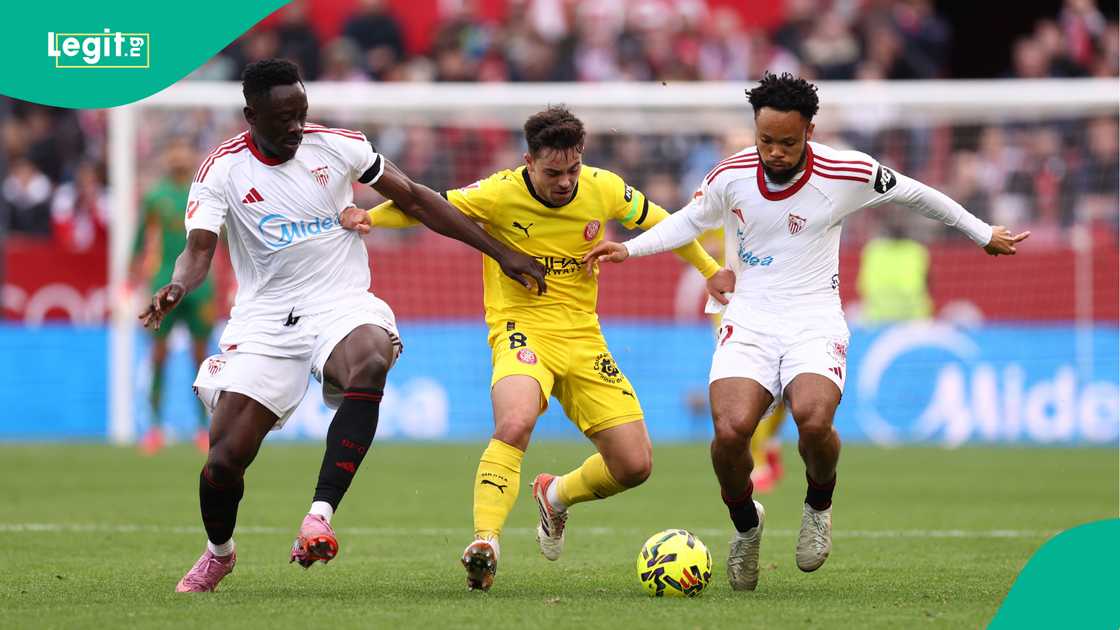 Akor Adams and Chidera Ejuke during LaLiga match between Sevilla and Girona. Photo by Fran Santiago