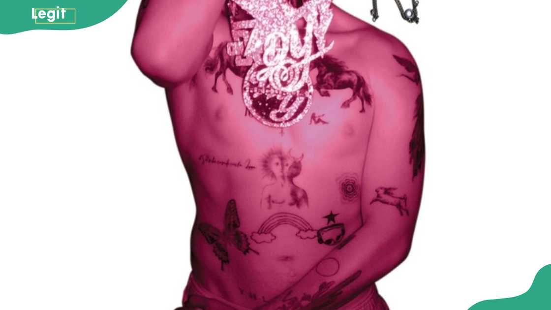 Bad Bunny's butterfly, rainbow, and spider web inks Bad Bunny's butterfly, rainbow, and spider web inks