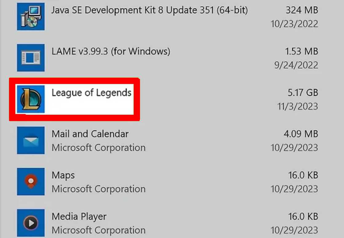 "League of Legends" application in the Apps & features list. "League of Legends" application in the Apps & features list.