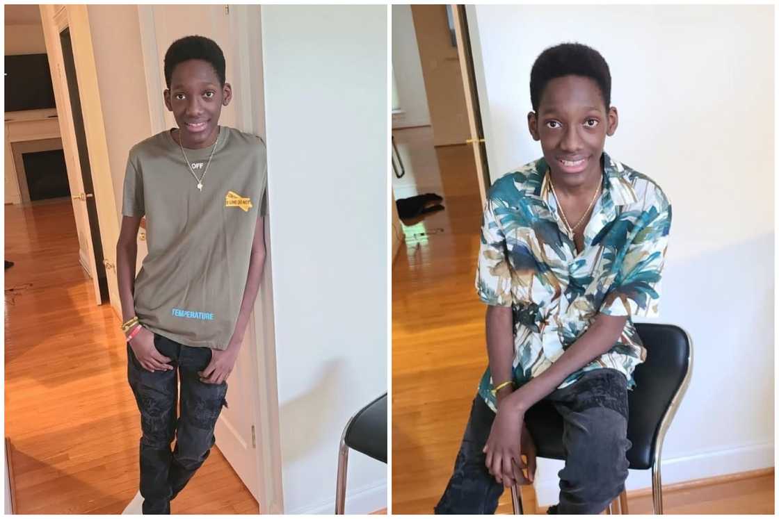 Justin Idibia poses for a photo as he leans on a wall (L). 2Baba's third son looks on as he sits on a chair (R) Justin Idibia poses for a photo as he leans on a wall (L). 2Baba's third son looks on as he sits on a chair (R)