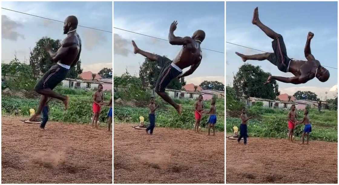 Photos of a black man perform acrobatic tumbles in the air. Photos of a black man perform acrobatic tumbles in the air.