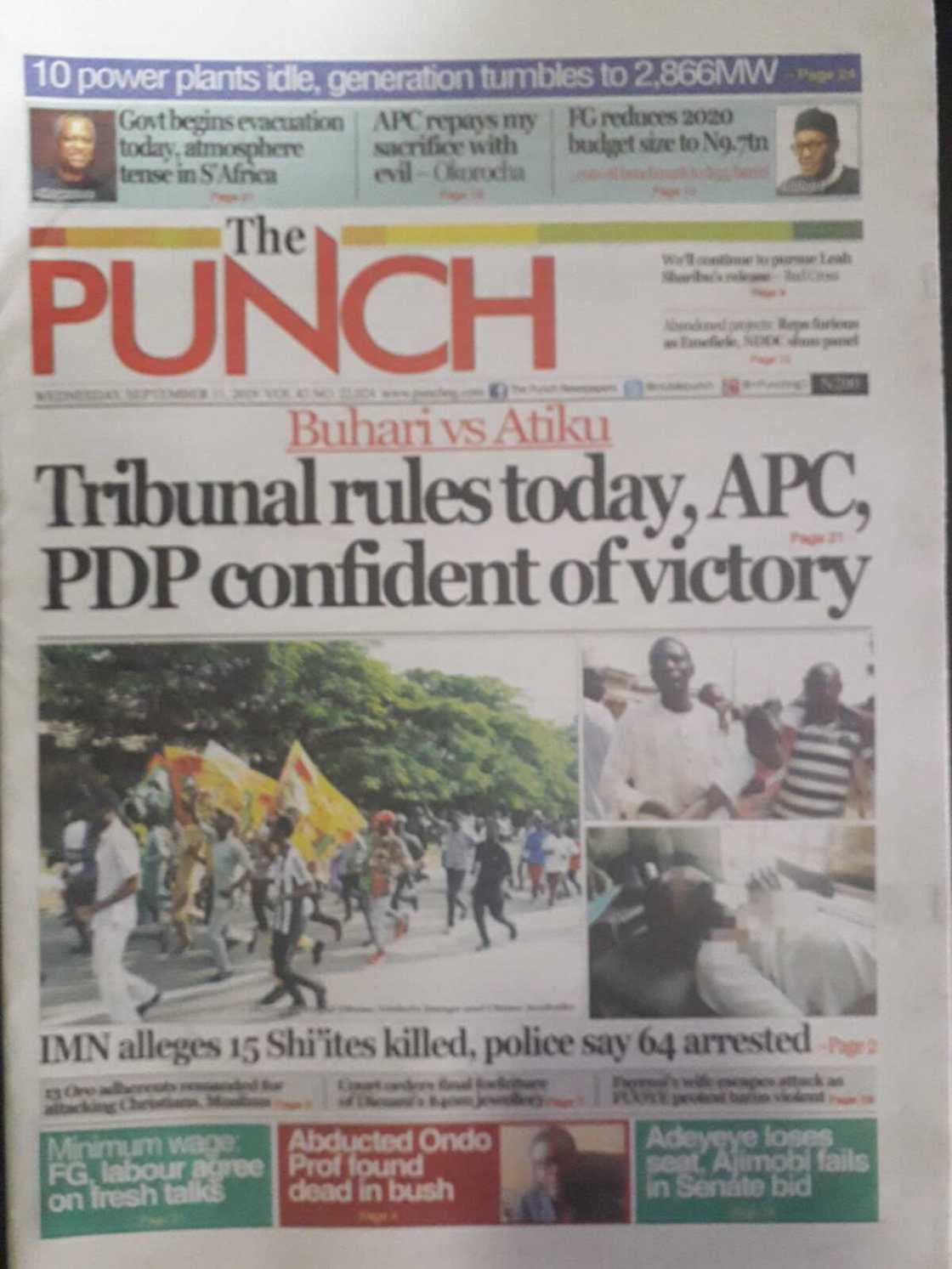 Nigerian newspaper review for Wednesday, September 11:Tribunal rules today on Atiku and Buhari's case Nigerian newspaper review for Wednesday, September 11:Tribunal rules today on Atiku and Buhari's case