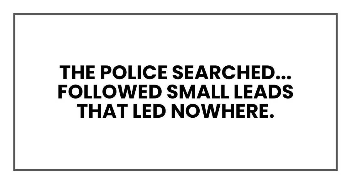 The police searched, called contacts, and followed small leads that led nowhere. The police searched, called contacts, and followed small leads that led nowhere.