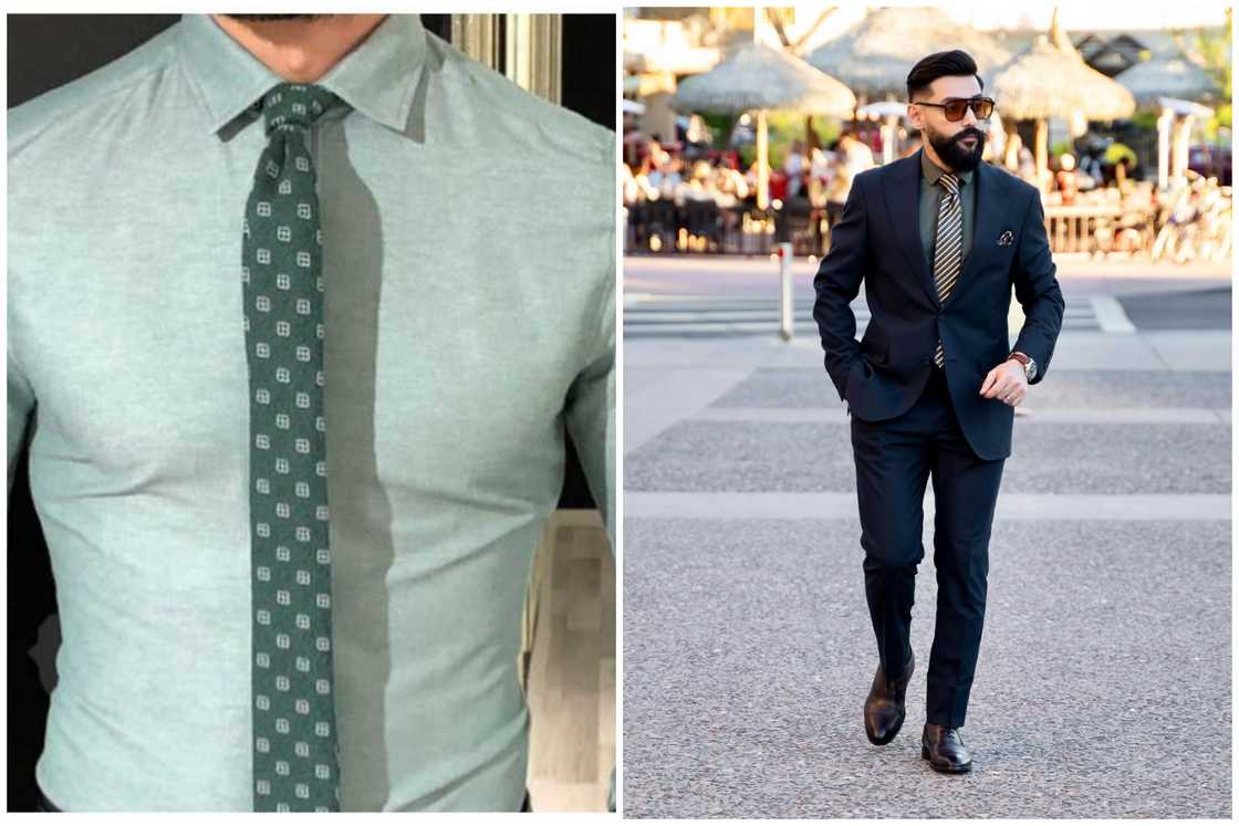 A green shirt with a dark green tie A green shirt with a dark green tie