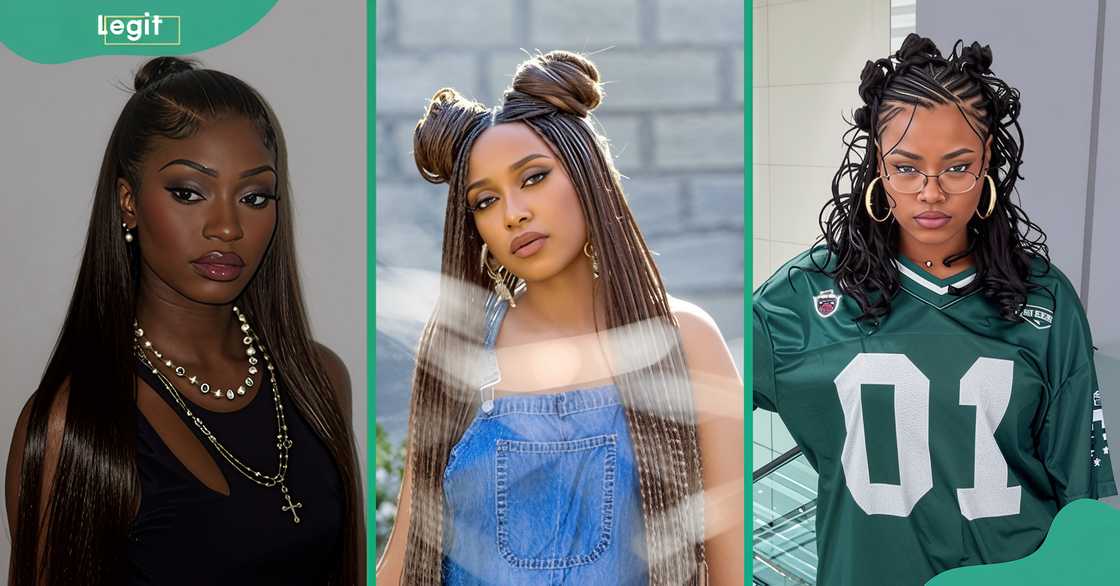 Some half up, half down hairstyles: sleek straight hair with half-updo (L), box braids with space buns (C), Fulani braids with knot buns (R).