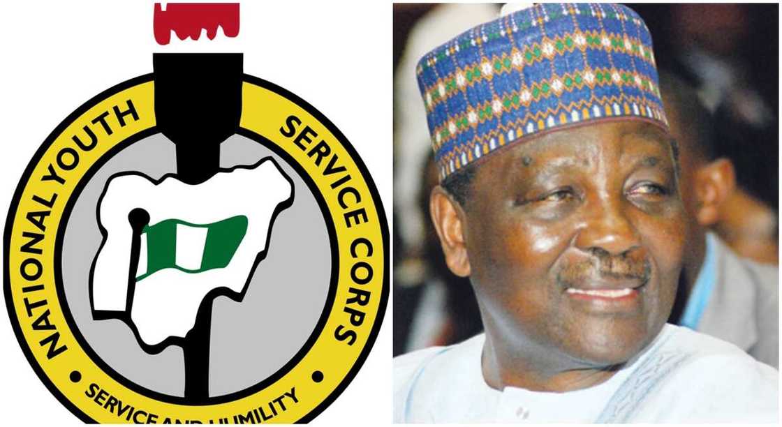 Photos of NYSC logo and Yakubu Gowon.