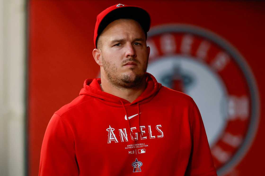 Mike Trout in a red hoodie and cap Mike Trout in a red hoodie and cap