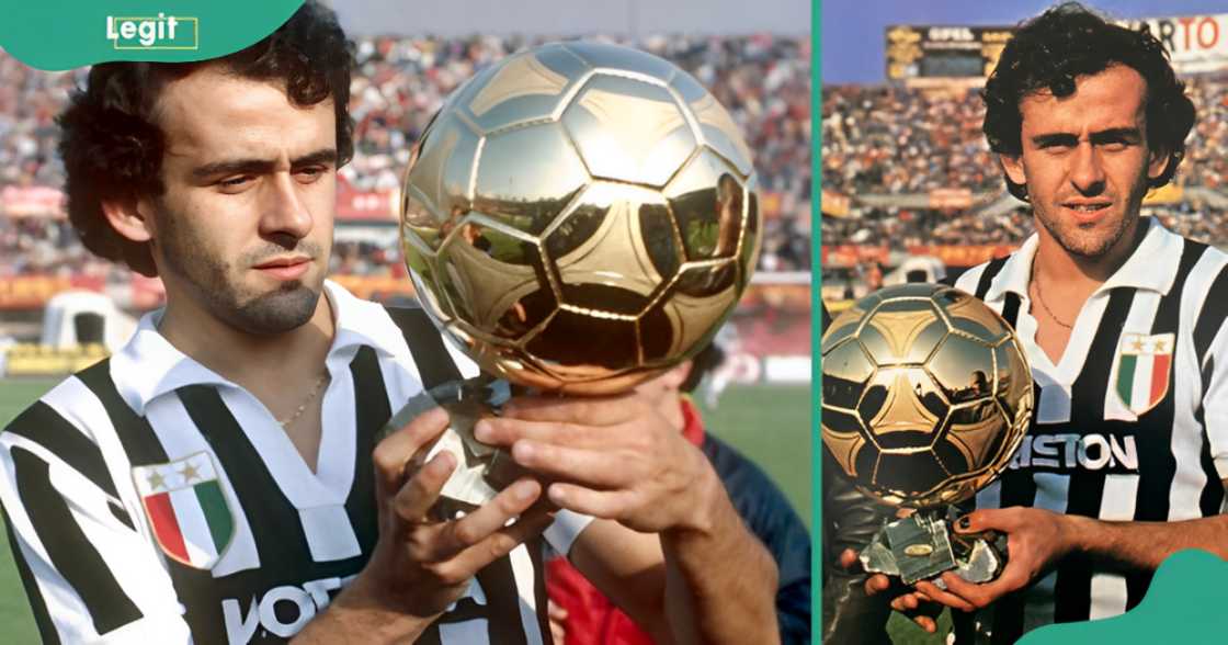 Michel Platini is pictured looking at his 1983 Ballon d'Or trophy (L). The footballer poses standing with the trophy on a football field (R).