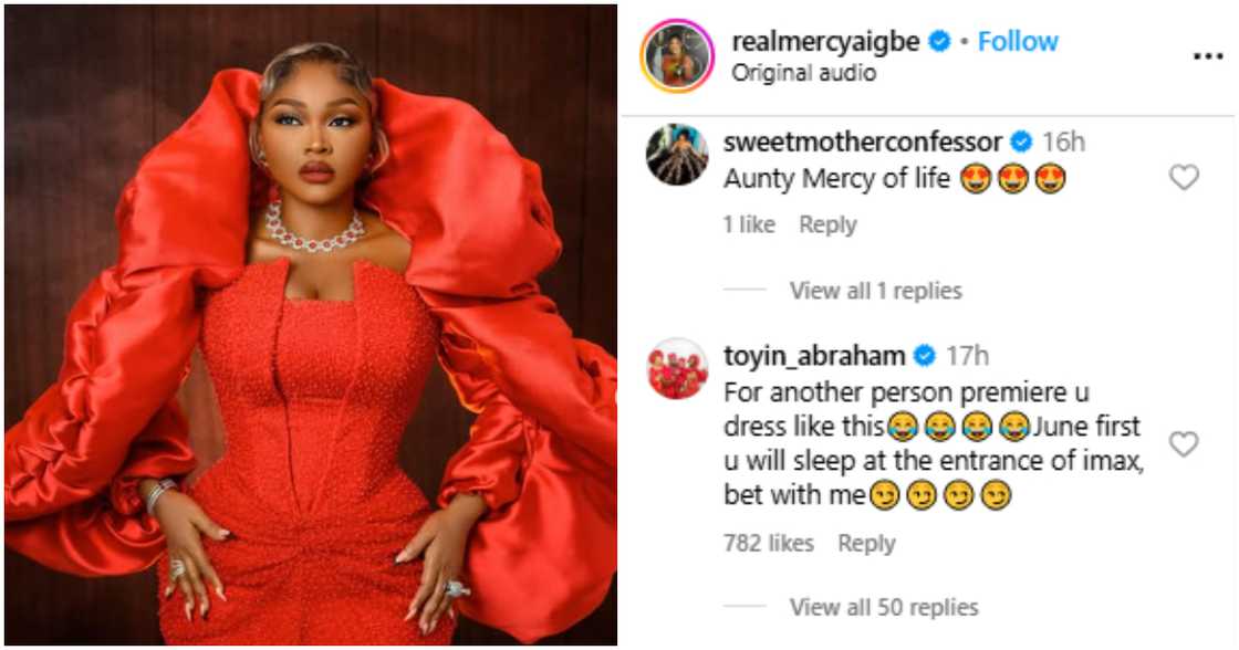 Toyin Abraham calls out Mercy Aigbe over outfit for My Mother Is A Witch premiere. Toyin Abraham calls out Mercy Aigbe over outfit for My Mother Is A Witch premiere.