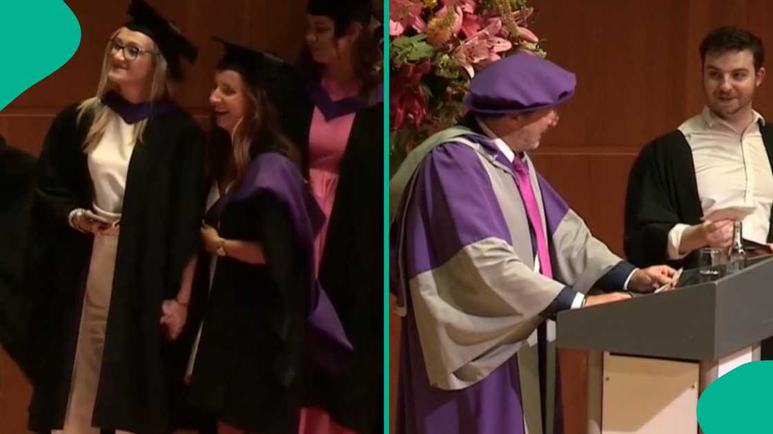 Two best friends celebrate first-class honours together in a graduation ceremony Two best friends celebrate first-class honours together in a graduation ceremony
