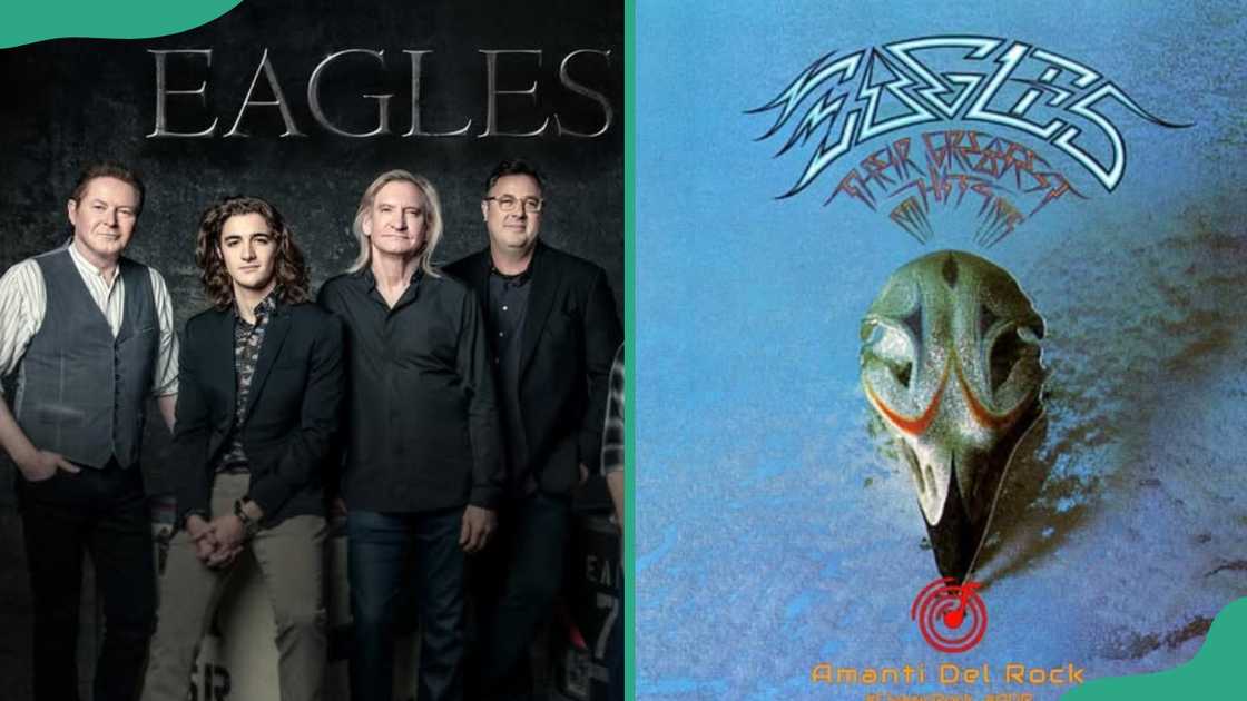 Eagles band members (L). A cover photo of Eagles album, Their Greatest Hits (1971–1975) (R). Eagles band members (L). A cover photo of Eagles album, Their Greatest Hits (1971–1975) (R).