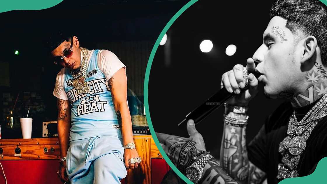 DeeBaby leaning casually against a counter (L). The rapper performing with a microphone in hand (R) DeeBaby leaning casually against a counter (L). The rapper performing with a microphone in hand (R)