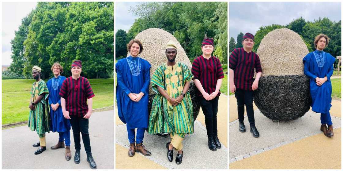 Man gush as young Nigerian man rocks cultural attire with his UK colleagues in fine photos Man gush as young Nigerian man rocks cultural attire with his UK colleagues in fine photos
