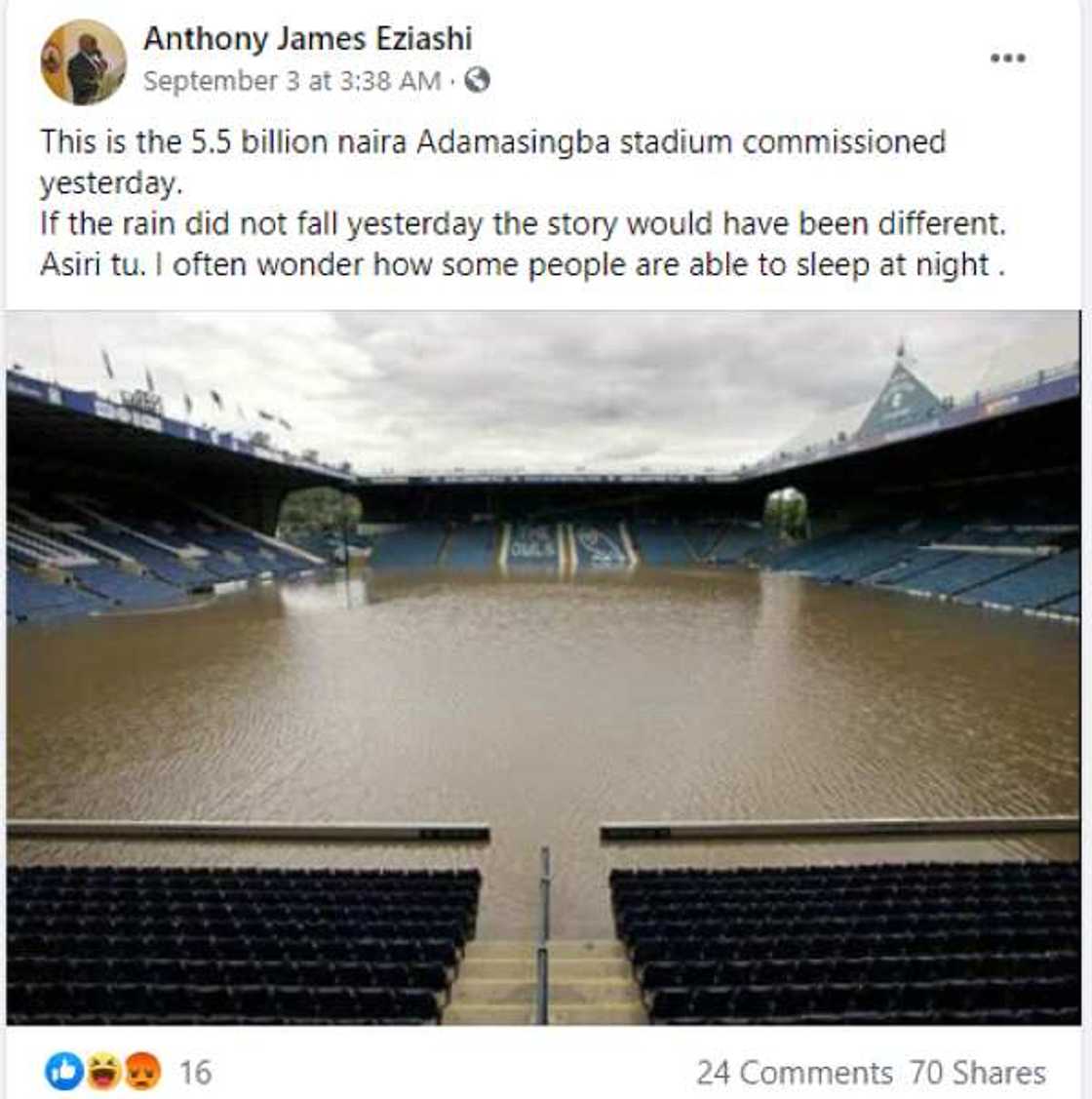 Waterlogged Hillsborough pitch maliciously shared as newly renovated Lekan Salami Stadium