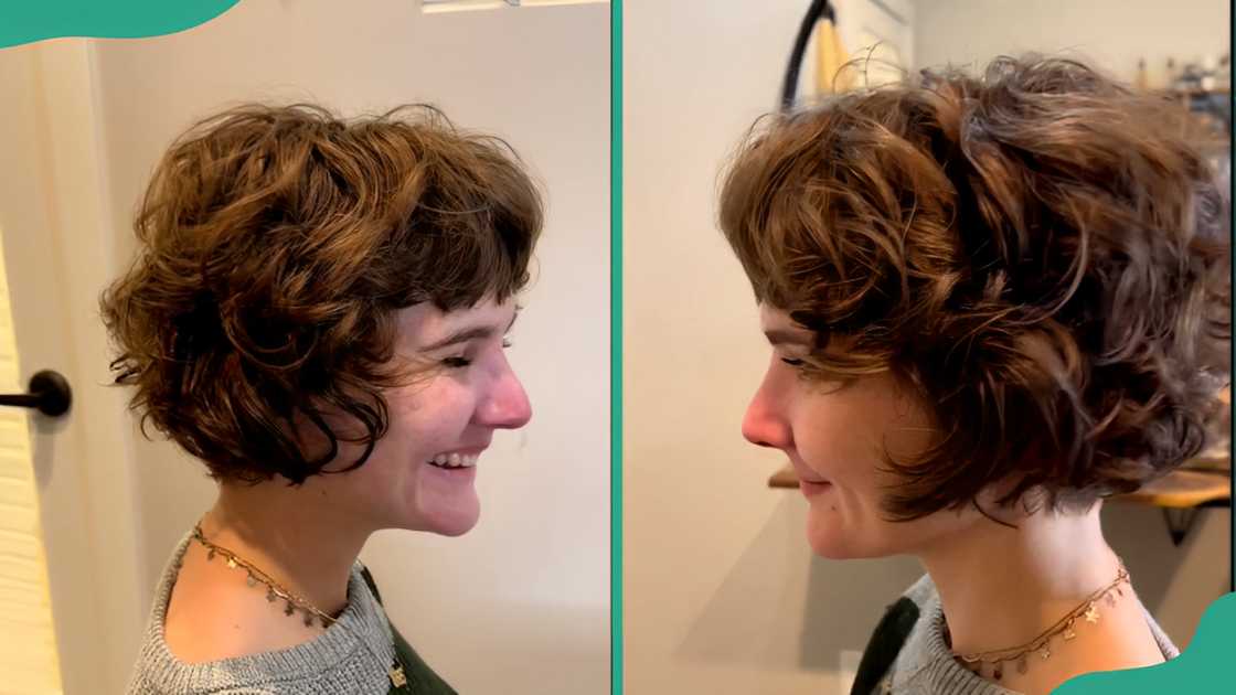 A woman displays sideview of her curly stacked bob hairstyle