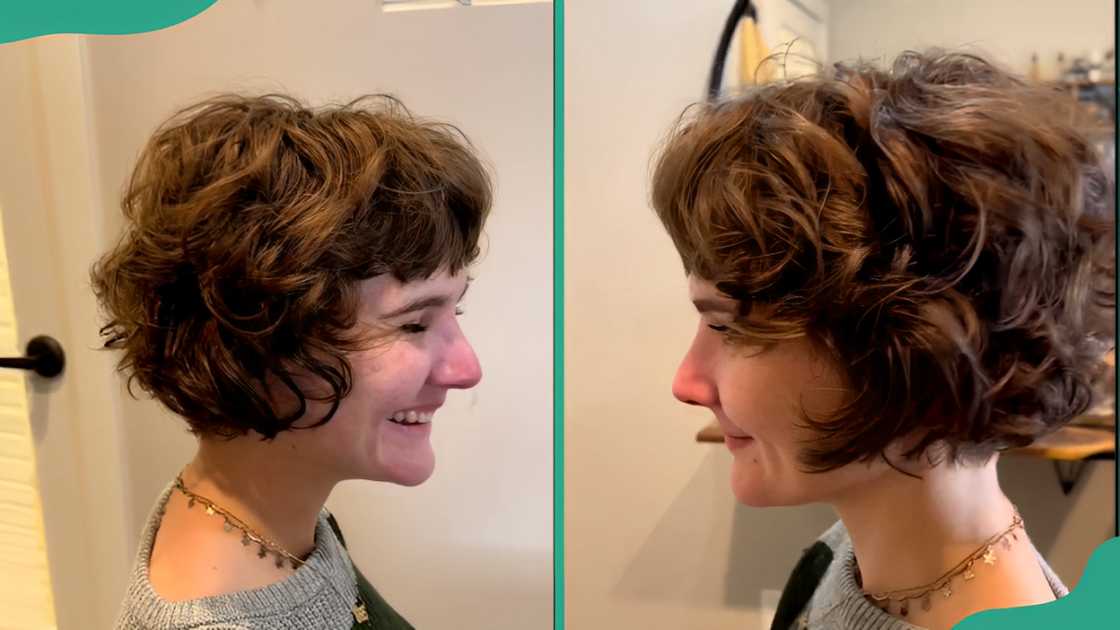 A woman displays sideview of her curly stacked bob hairstyle A woman displays sideview of her curly stacked bob hairstyle