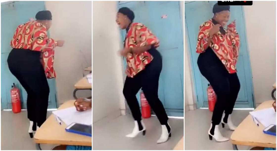 Photos of a lecturer dancing inside a class. Photos of a lecturer dancing inside a class.